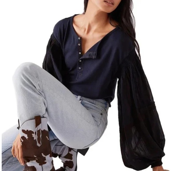Free People Light Magic Henley Balloon Sleeve Top Women's Black Size S *flaw - Picture 1 of 8